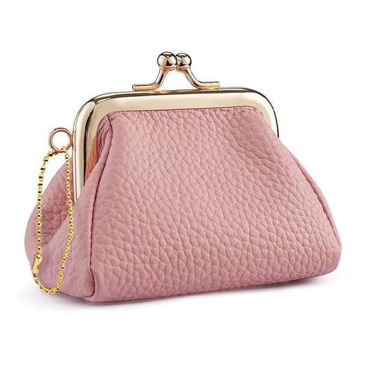 Pink textured coin purse with gold-tone frame clasp and side chain
