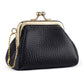 Black textured coin purse with gold-tone frame clasp and side chain