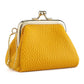 Yellow textured coin purse with gold-tone frame clasp and side chain