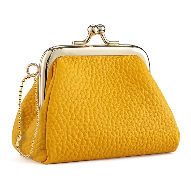 Yellow textured coin purse with gold-tone frame clasp and side chain