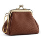 Brown textured coin purse with gold-tone frame clasp and side chain