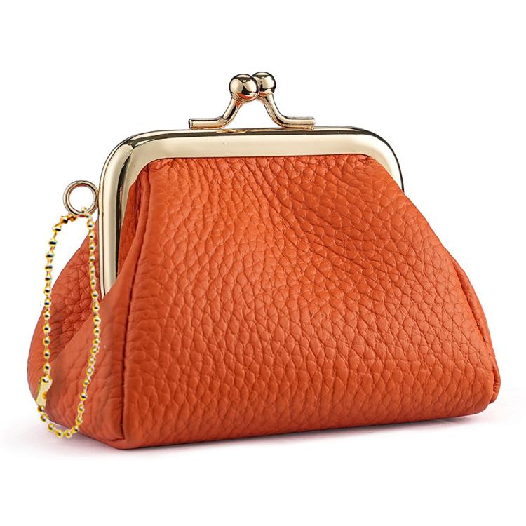 Orange textured coin purse with gold-tone frame clasp and side chain