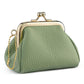 Light green textured coin purse with gold-tone frame clasp and side chain