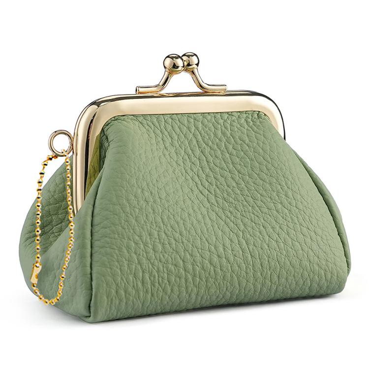 Light green textured coin purse with gold-tone frame clasp and side chain