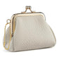 Beige textured coin purse with gold-tone frame clasp and side chain