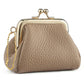 Tan textured coin purse with gold-tone frame clasp and side chain