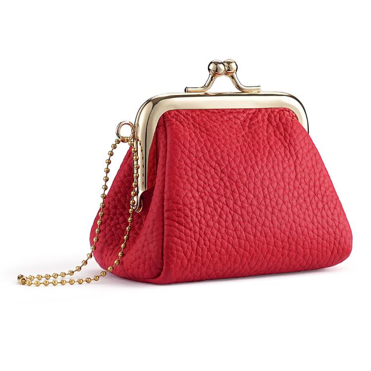 Red textured coin purse with gold-tone frame clasp and side chain