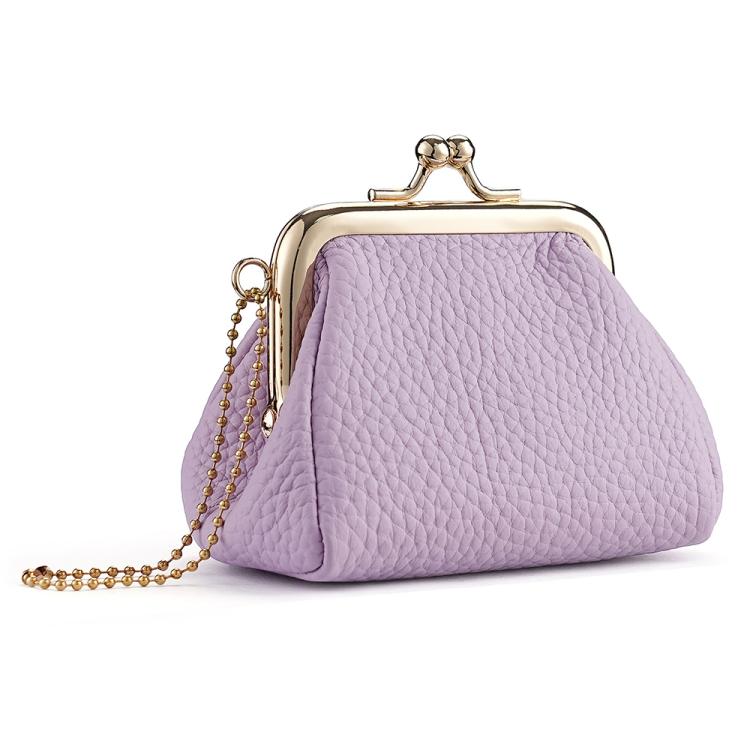 Lavender textured coin purse with gold-tone frame clasp and side chain