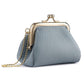 Small locking coin purse with kiss-lock frame and crossbody chain, light blue pebble leather
