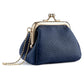 Small locking coin purse with kiss-lock frame and crossbody chain, dark blue pebble leather