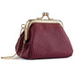 Small locking coin purse with kiss-lock frame and crossbody chain, burgundy pebble leather