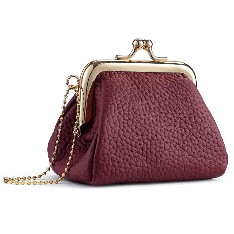 Small locking coin purse with kiss-lock frame and crossbody chain, burgundy pebble leather