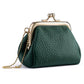 Small locking coin purse with kiss-lock frame and crossbody chain, dark green pebble leather