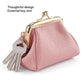 Pink small locking coin purse with external key slot, kiss-lock frame and keyring attached