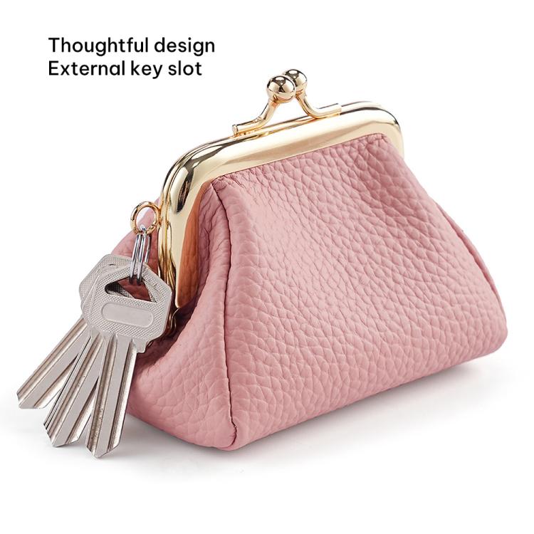 Pink small locking coin purse with external key slot, kiss-lock frame and keyring attached