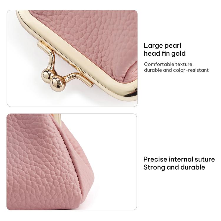 Pink textured coin purse with gold-tone clasp hardware and strong stitching