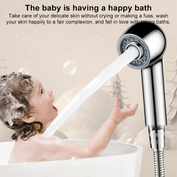 Two-setting shower head with bubble spray, water stream coming from gray nozzle