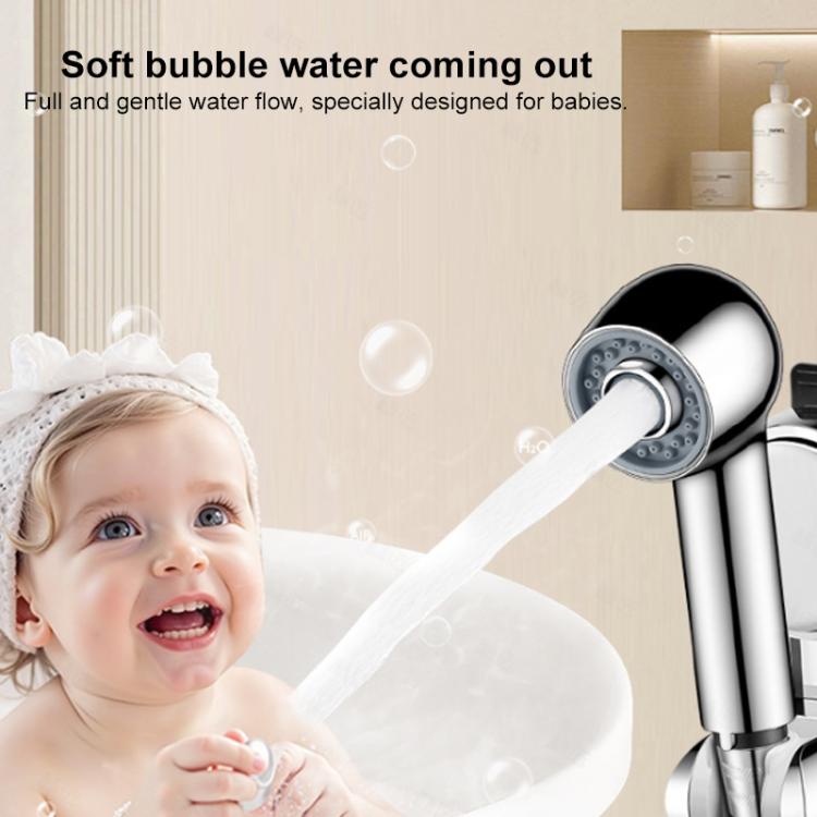 Two-setting shower head with bubble spray, water flow from round gray nozzle