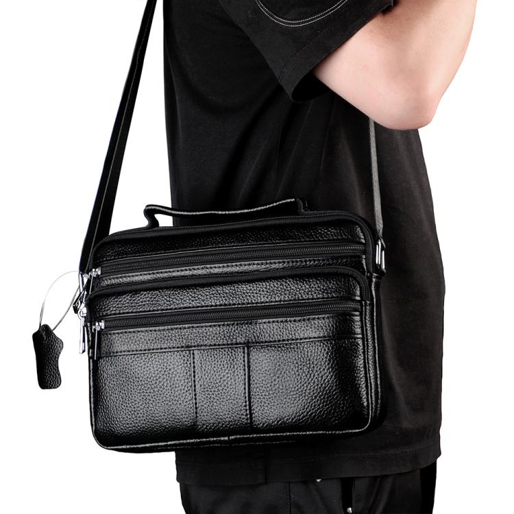 Black leather crossbody shoulder bag with multiple zip pockets and adjustable strap