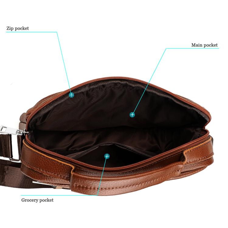 Brown leather shoulder bag open view showing main compartment and inner pockets