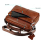 Brown leather shoulder bag with front zip pocket, main compartment, and strap