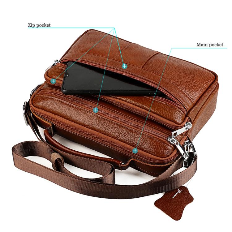 Brown leather shoulder bag with front zip pocket, main compartment, and strap