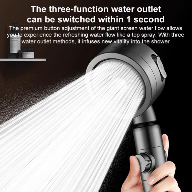 Pressurized shower nozzle showing three spray modes with a focused water stream