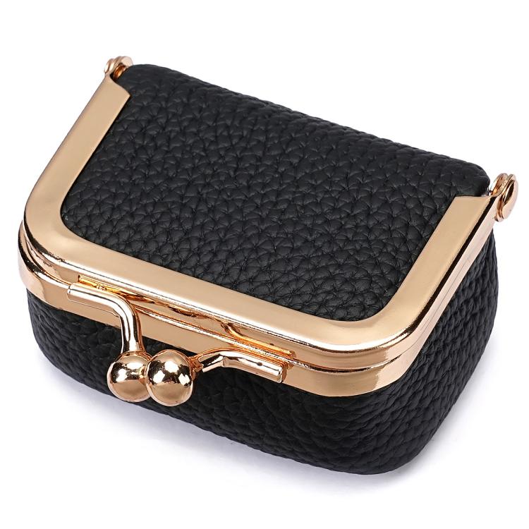 Black mini jewelry storage bag with gold-tone clasp and hinged frame top.