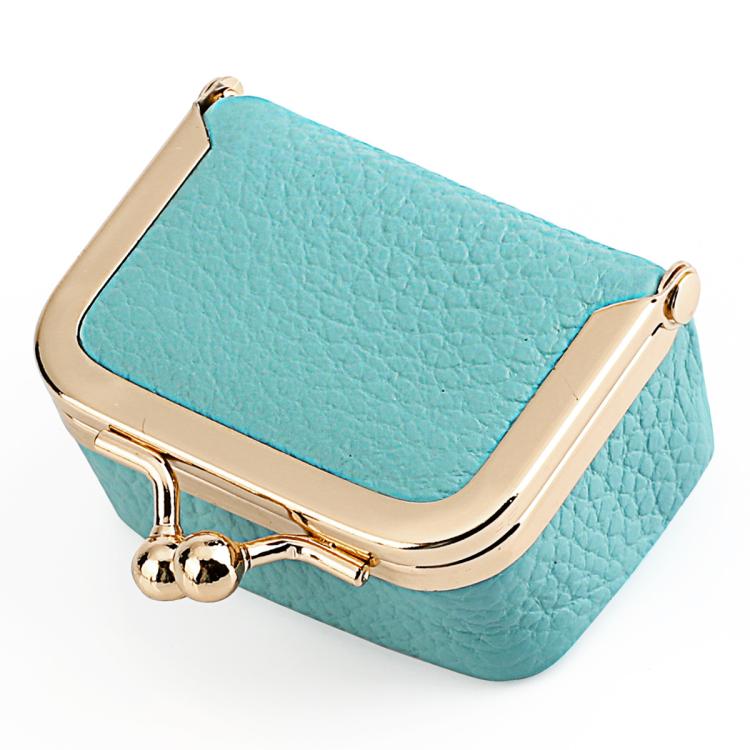 Light blue mini jewelry storage bag with gold-tone clasp and hinged frame.
