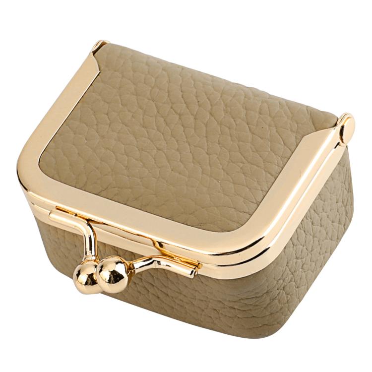 Beige mini jewelry storage bag with gold-tone clasp and hinged frame.