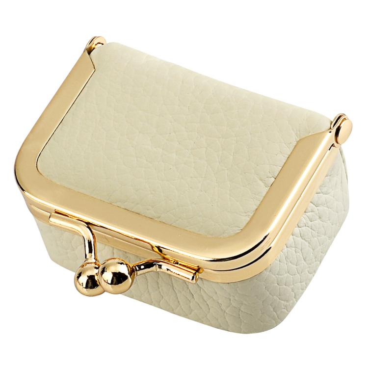 Light beige mini jewelry storage bag with gold-tone clasp and hinged frame.