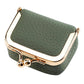 Almond green mini jewelry storage bag with gold-tone clasp and hinged frame.