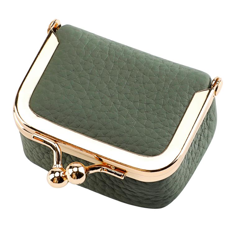 Almond green mini jewelry storage bag with gold-tone clasp and hinged frame.