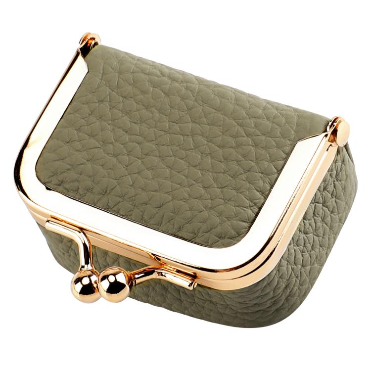 Khaki mini jewelry storage bag with gold-tone clasp and hinged frame.