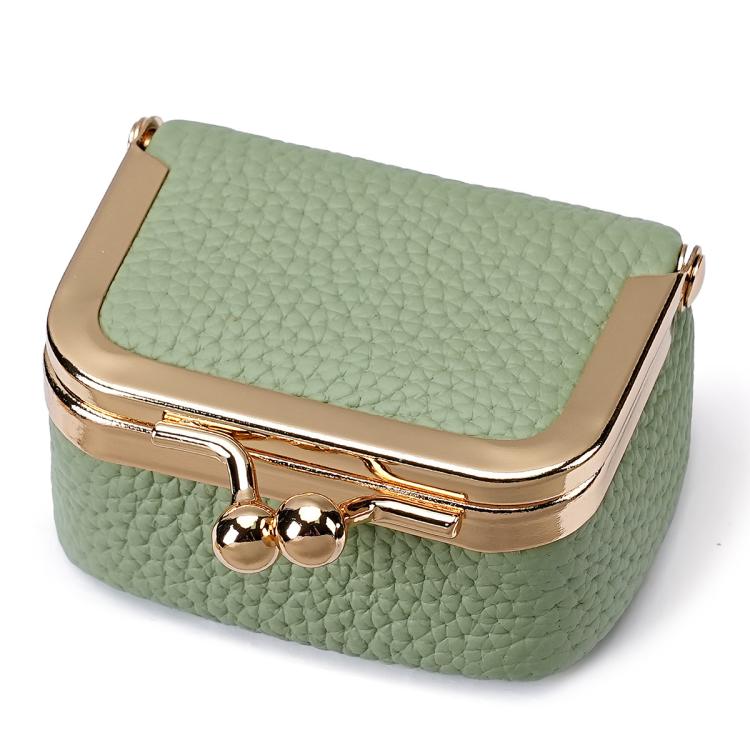 Light green mini jewelry storage bag with gold-tone clasp and hinged frame.