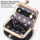Black mini jewelry bag open to reveal polka-dot lining and clasp hardware
