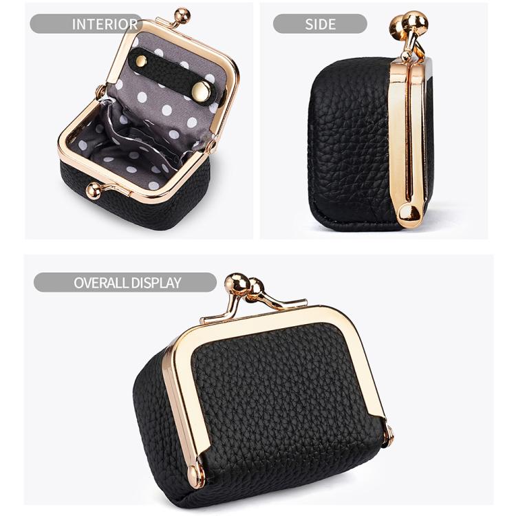 Black mini jewelry bag showing interior and side view with gold-tone hardware