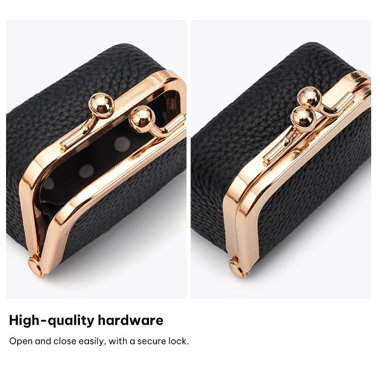 Black mini jewelry storage bag with gold clasp hardware and textured finish