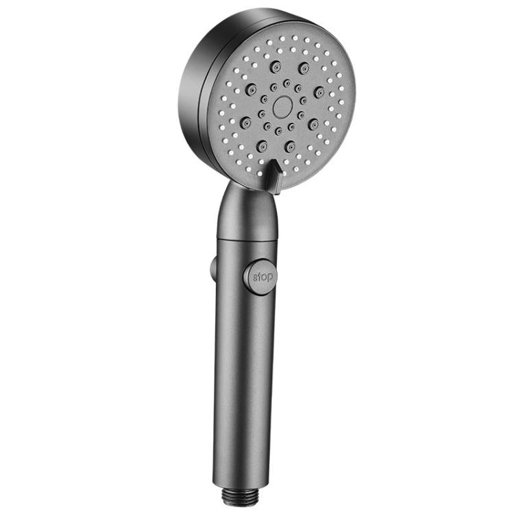 Handheld shower head with round spray face and one-button water stop switch, dark gray
