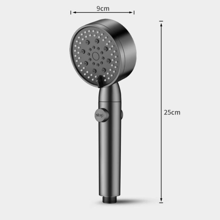 Adjustable handheld shower head with round spray face and stop button, dark gray