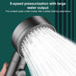 Handheld shower head spraying high-pressure water from multiple outlets, dark gray