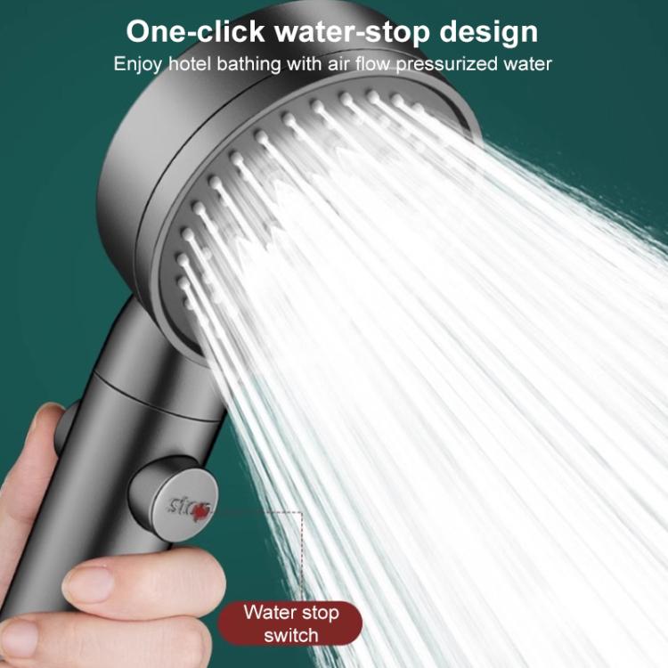 Handheld shower head with one-click water stop switch, air-pressurized spray, dark gray