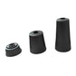 Assorted black plastic furniture support feet in different heights, each with central hole