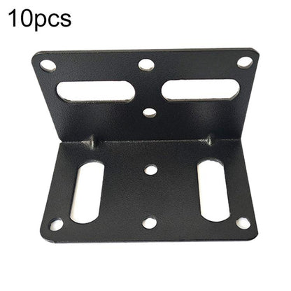 Black L-shaped corner bracket plate set with elongated slots and round mounting holes