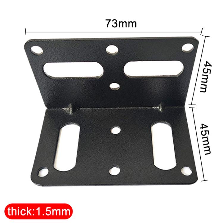 Black L-shaped corner bracket plate with two long slots and multiple round screw holes