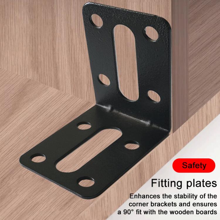 Black L-shaped corner bracket with elongated slots and round mounting holes