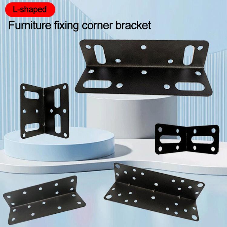 Black L-shaped furniture corner bracket set with long slots and round mounting holes