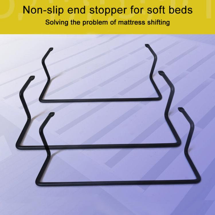 Multiple black mattress anti-slip end stopper strips laid on a bed surface