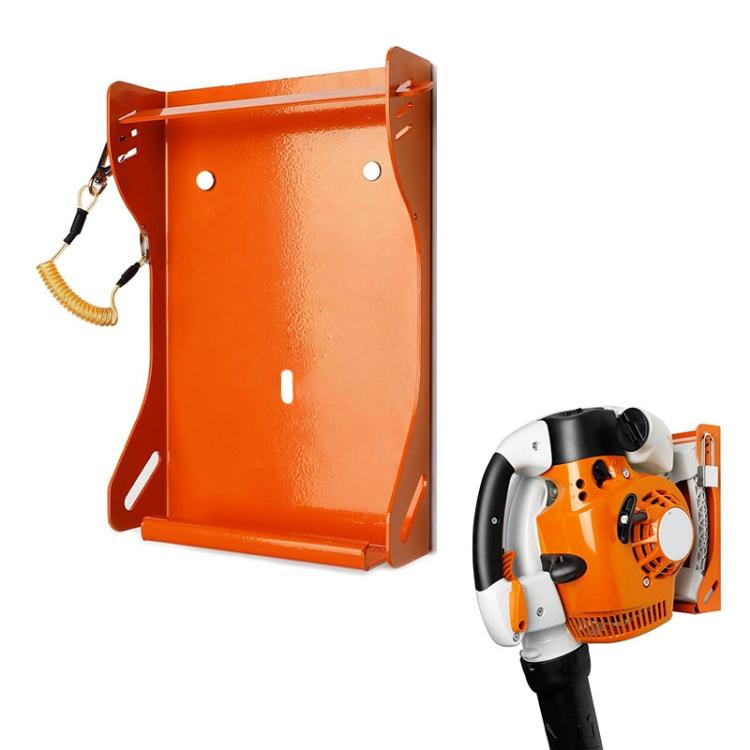Orange wall-mounted metal storage rack for handheld blower, with retaining pins