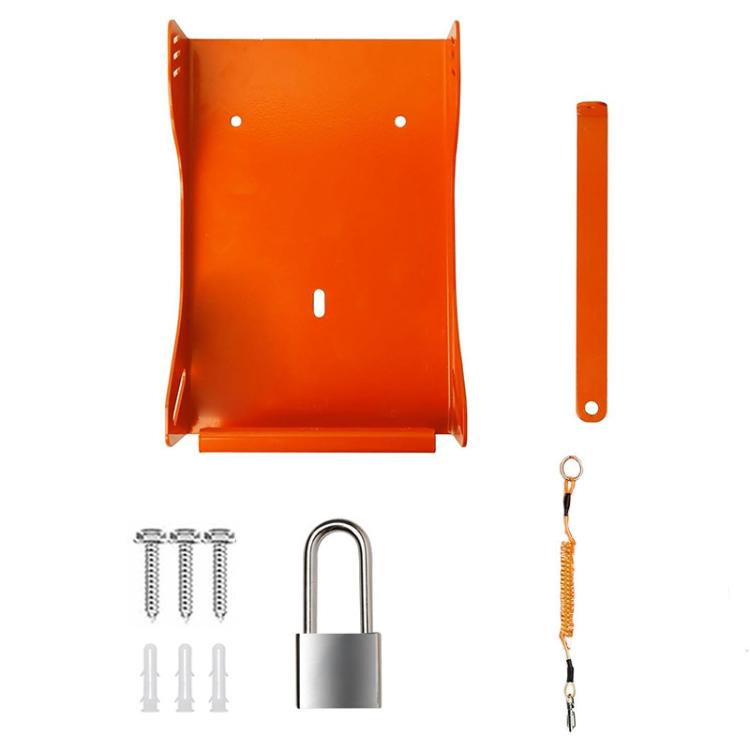 Orange wall-mount blower rack with mounting hardware, lock, and hanging spring rope